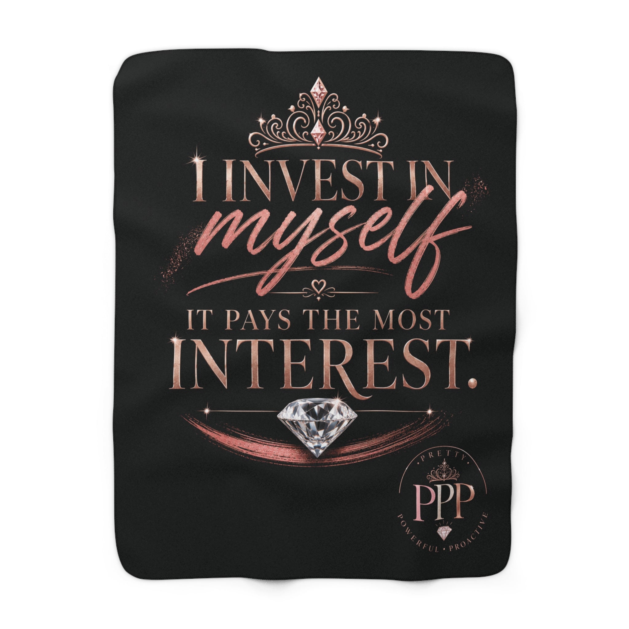 Invest in Yourself Sherpa Fleece Blanket | Motivational Quote, Pink Brushstroke|