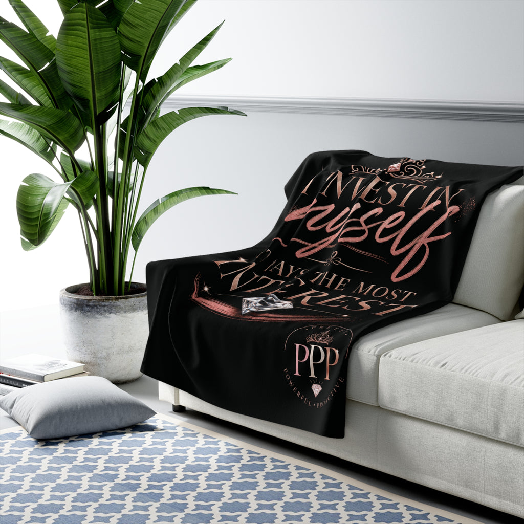 Invest in Yourself Sherpa Fleece Blanket | Motivational Quote, Pink Brushstroke|