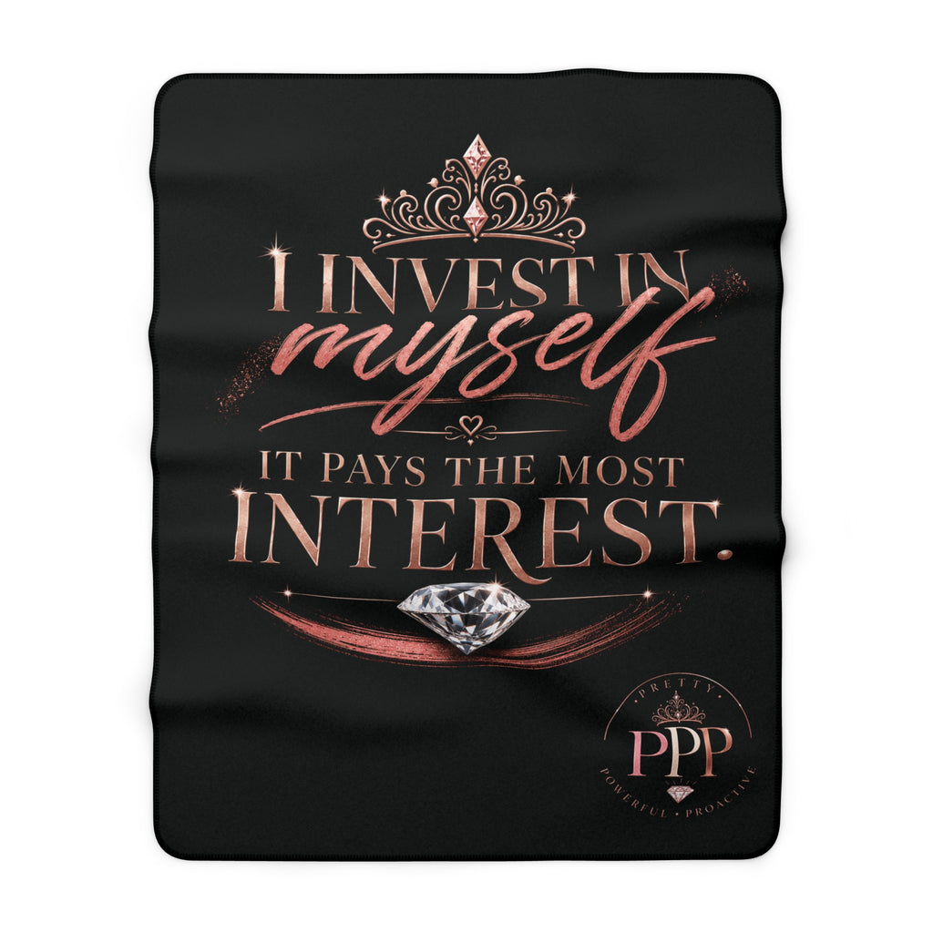 Invest in Yourself Sherpa Fleece Blanket | Motivational Quote, Pink Brushstroke|