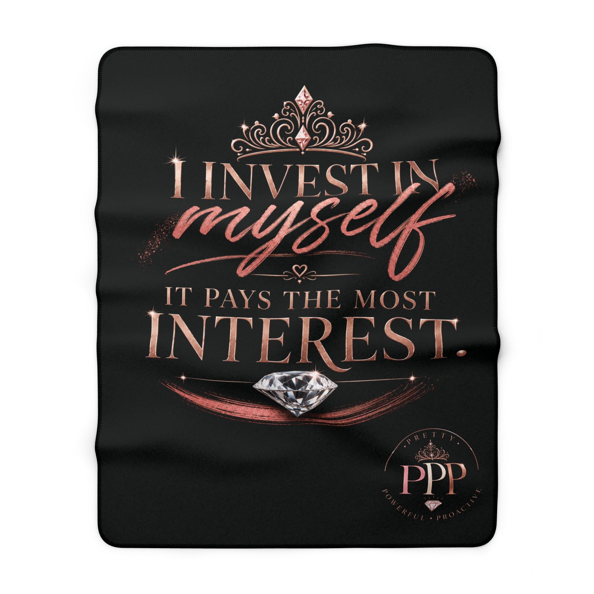 Invest in Yourself Sherpa Fleece Blanket | Motivational Quote, Pink Brushstroke|