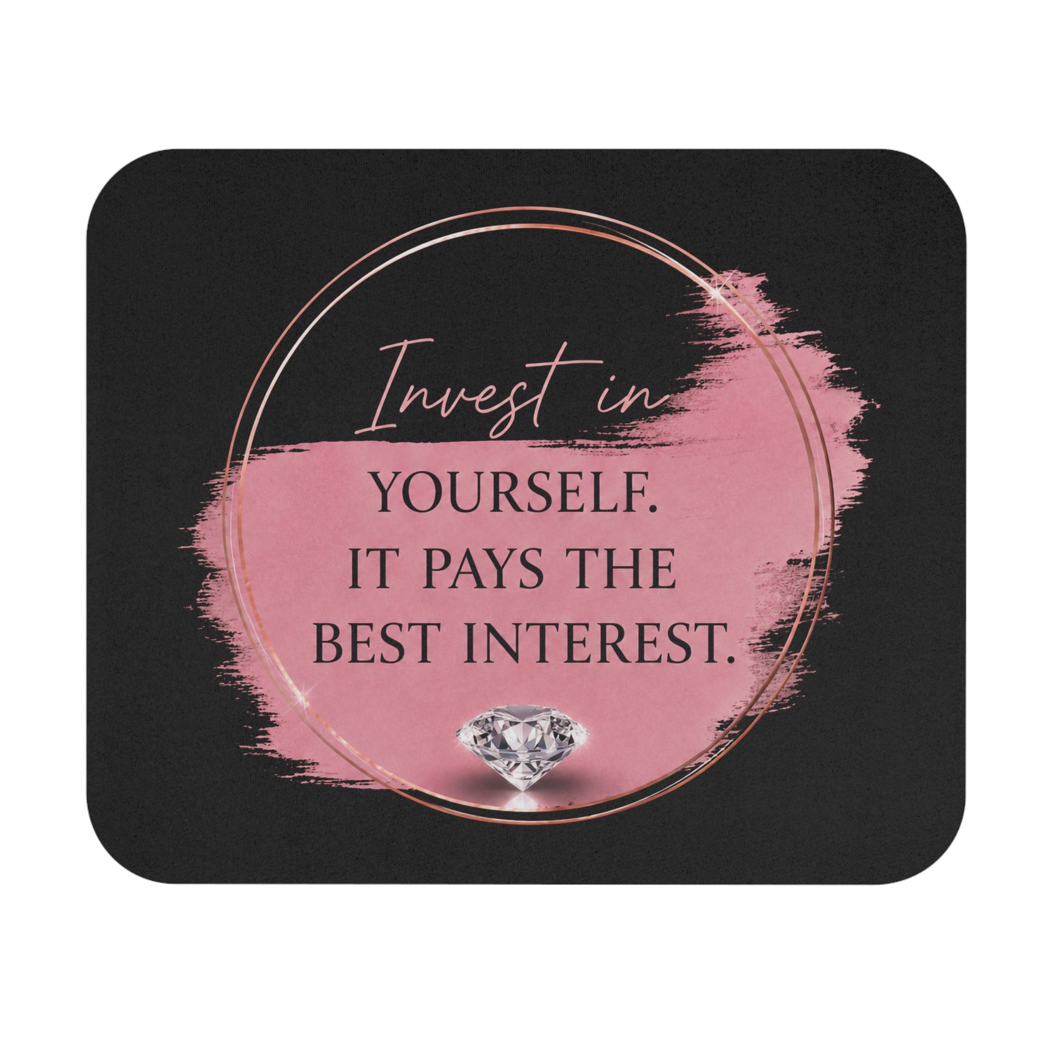 Invest in Yourself quote Mouse Pad | Motivational Desk Mat, Pink Brushstroke