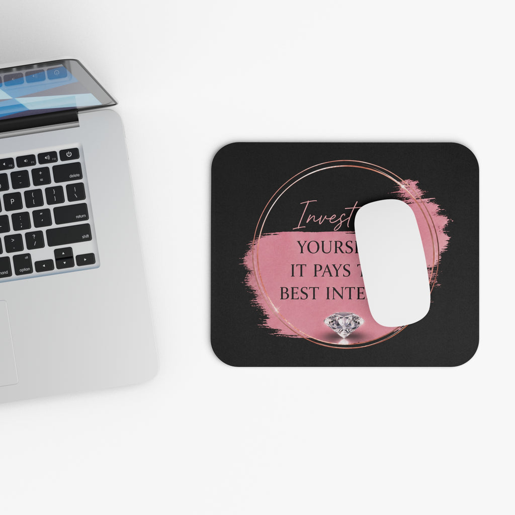 Invest in Yourself quote Mouse Pad | Motivational Desk Mat, Pink Brushstroke