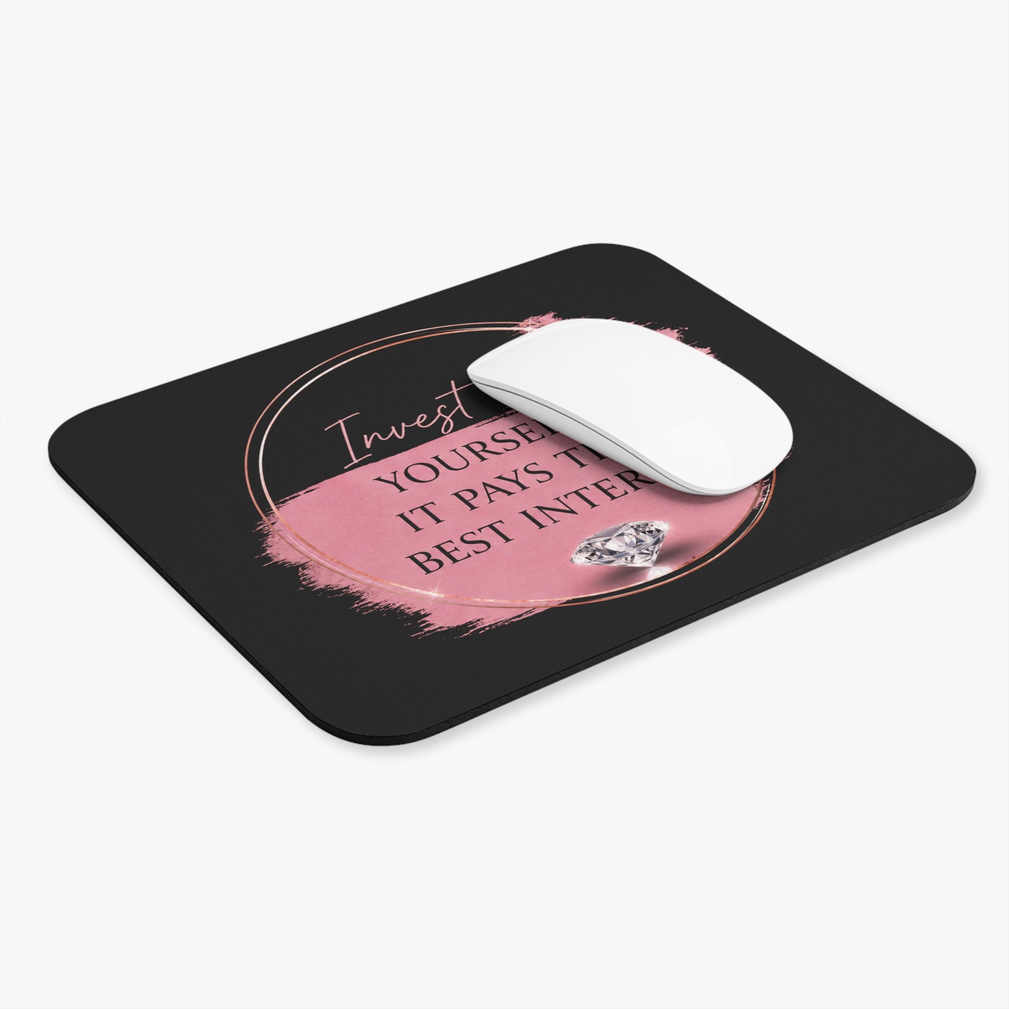 Invest in Yourself quote Mouse Pad | Motivational Desk Mat, Pink Brushstroke