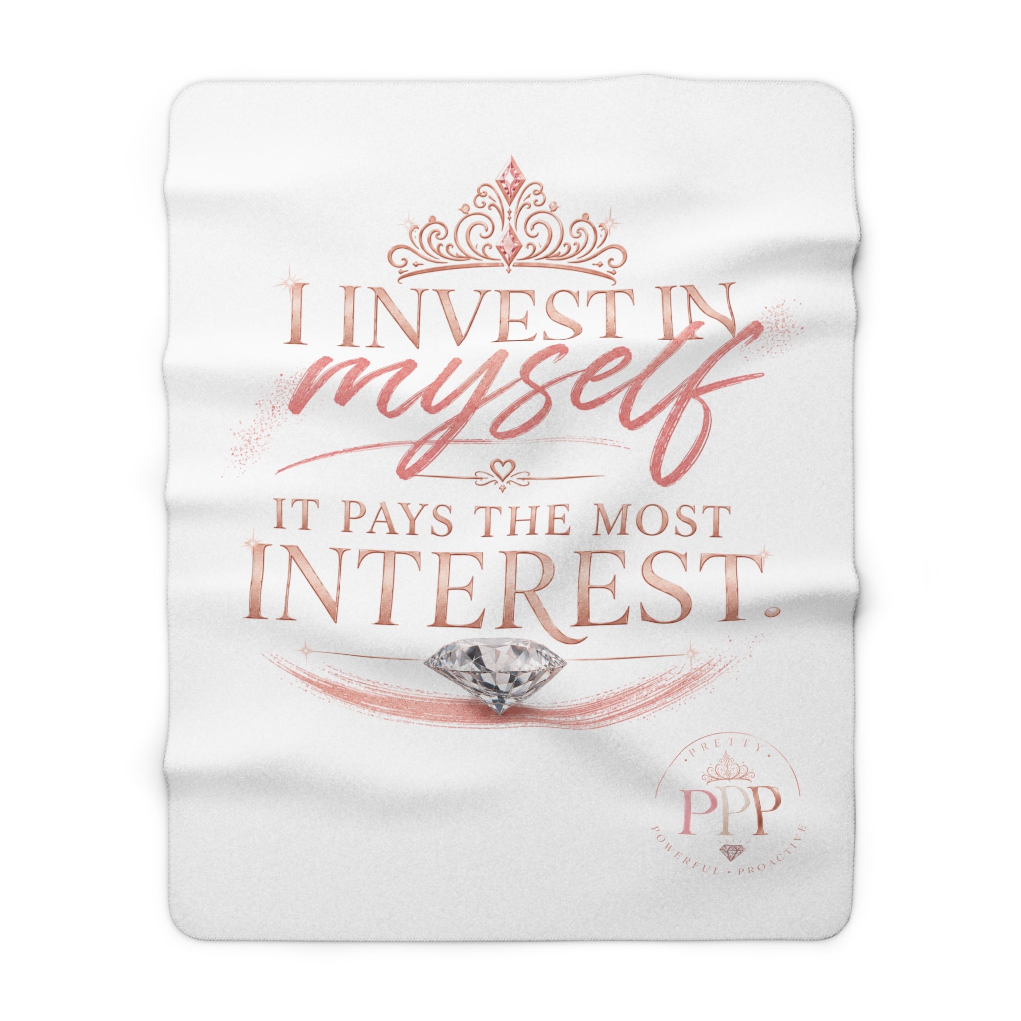 I Invest In Myself Quote Sherpa Fleece Blanket | Rose Gold Diamond Affirmation
