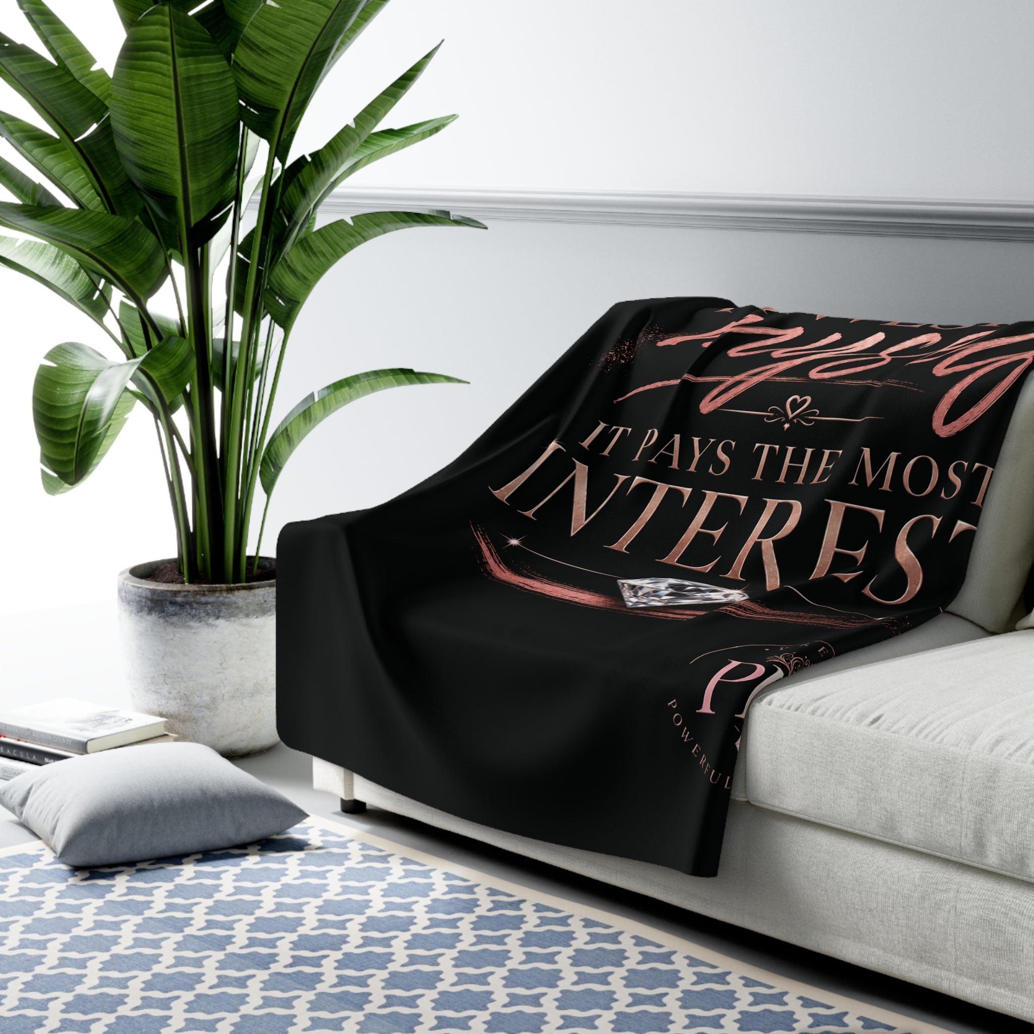 Invest in Yourself Sherpa Fleece Blanket | Motivational Quote, Pink Brushstroke|